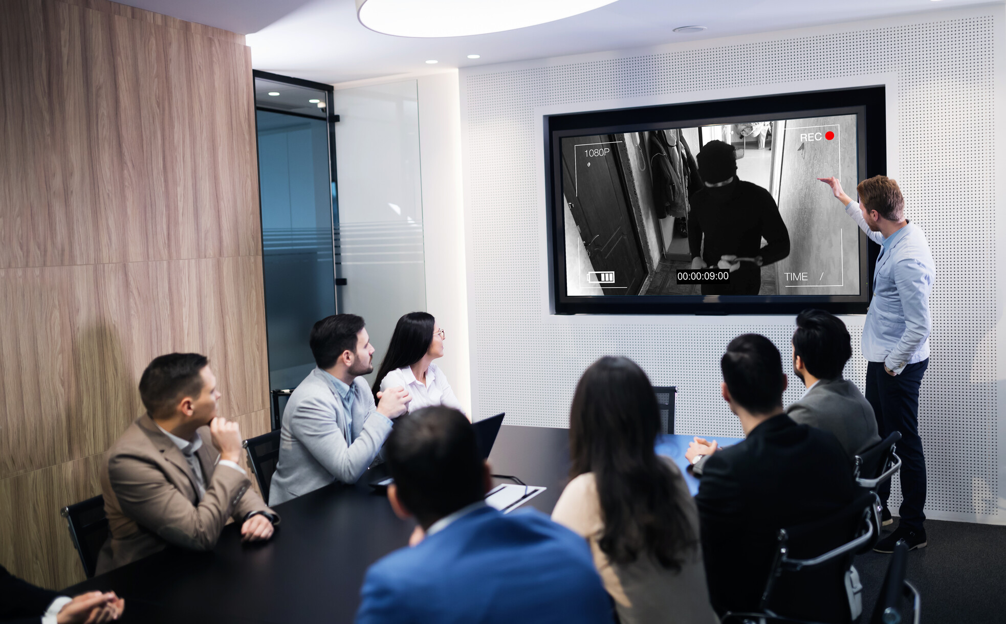 Sala de reuniones equipada con pantalla para videoconferencias